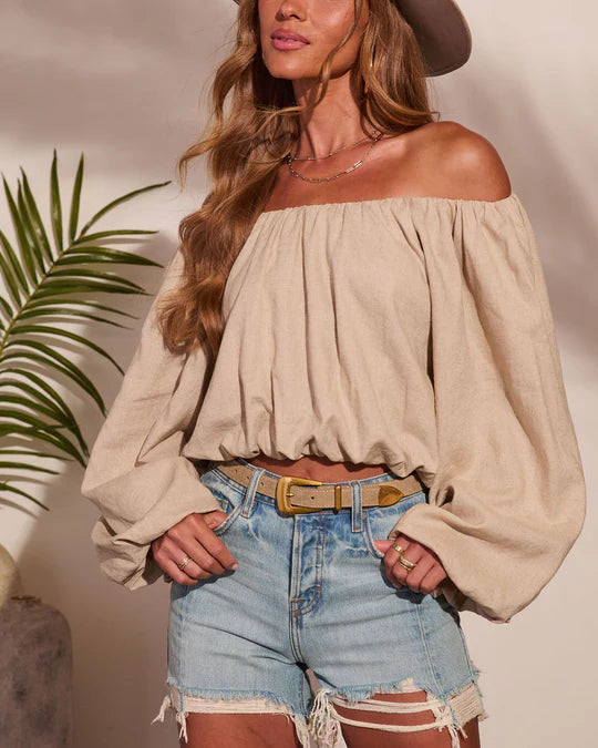 Coastal Notes Linen Blend Crop Top