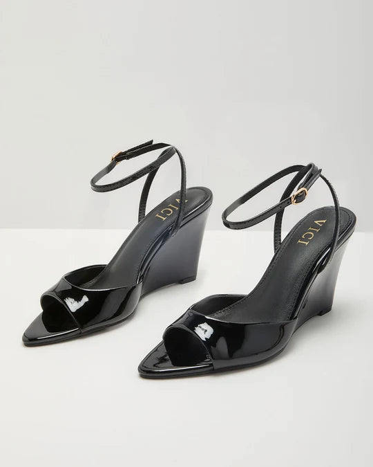 Nicks Patent Faux Leather Open Toe Wedges