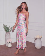 Jodie Printed Strapless Satin Midi Dress